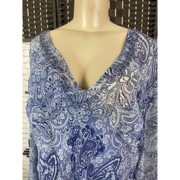New York City Design L Blue Paisley Silk Beaded V-Neck Long Bell Sleeve Top - Picture 2 of 6